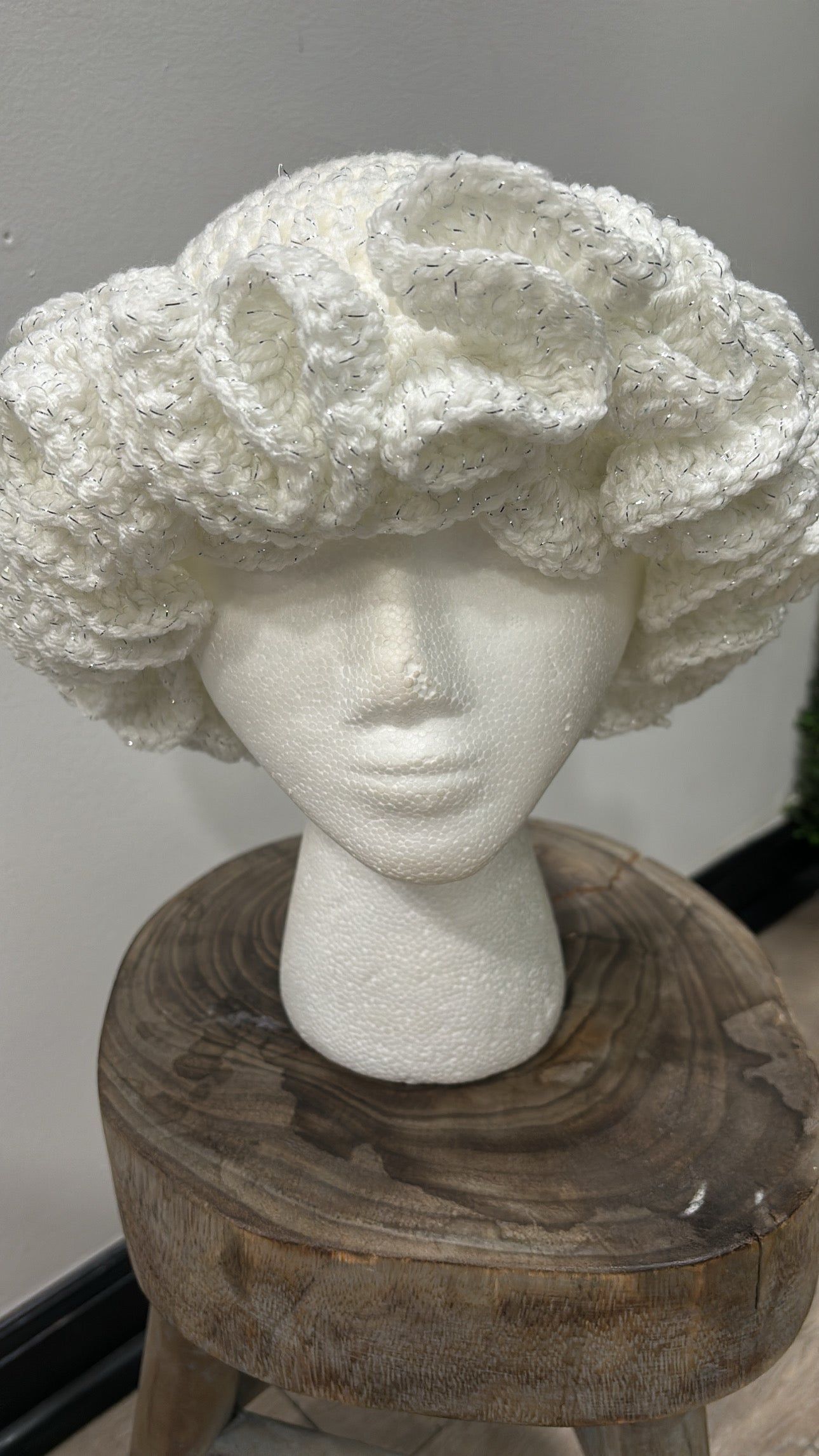 White-Glitter Crochet EXTREME Ruffle Hat