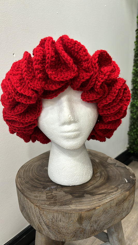 Red Crochet EXTREME Ruffle Bucket Hat