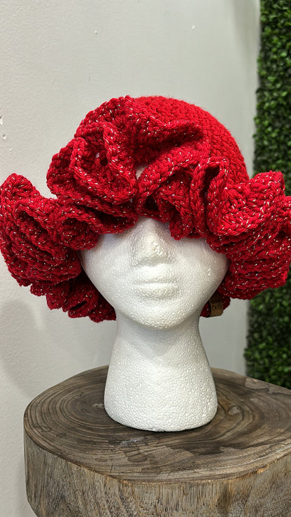 Red- Glitter Crochet EXTREME Ruffle Bucket Hat