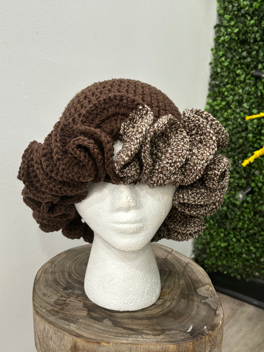 Brown Print Crochet Ruffle Hat