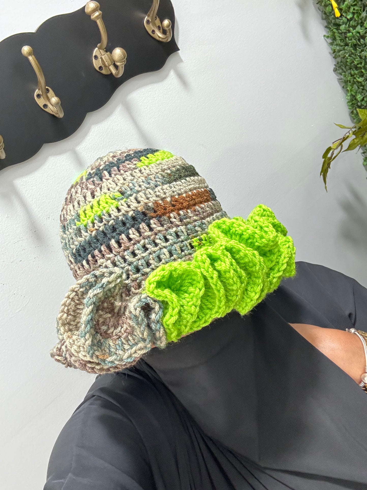 Army-Neon Green Ruffle Crochet Hat